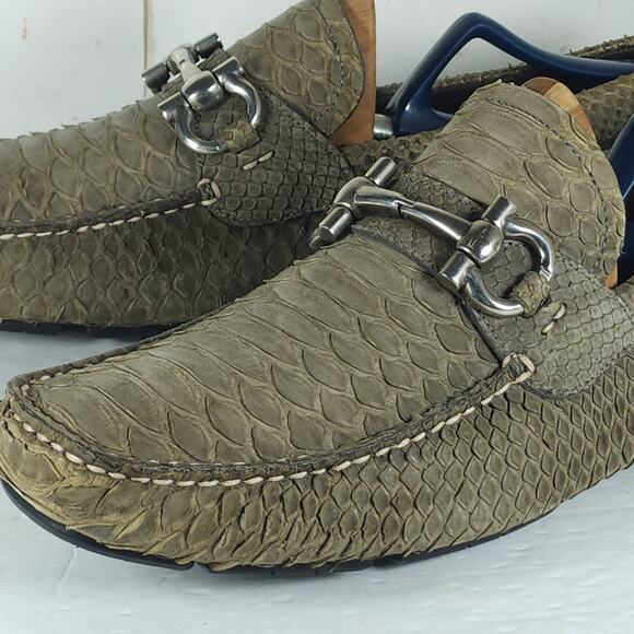 SALVATORE FERRAGAMO Men's US 10EE Genuine Python leather Olive Driving Loafers - Picture 13 of 16